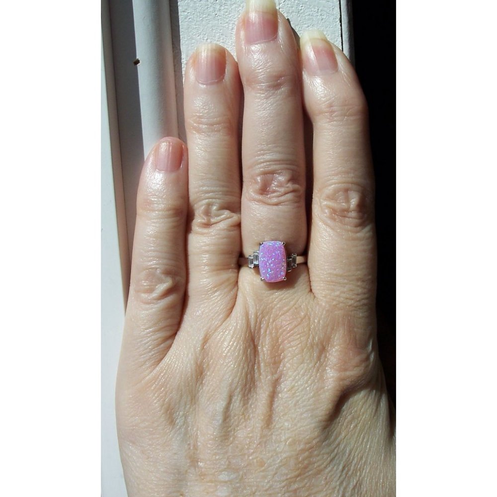 925 STERLING SILVER Lab Created Pink Fire Opal Cubic Zirconia Ring - Picture 9 of 16